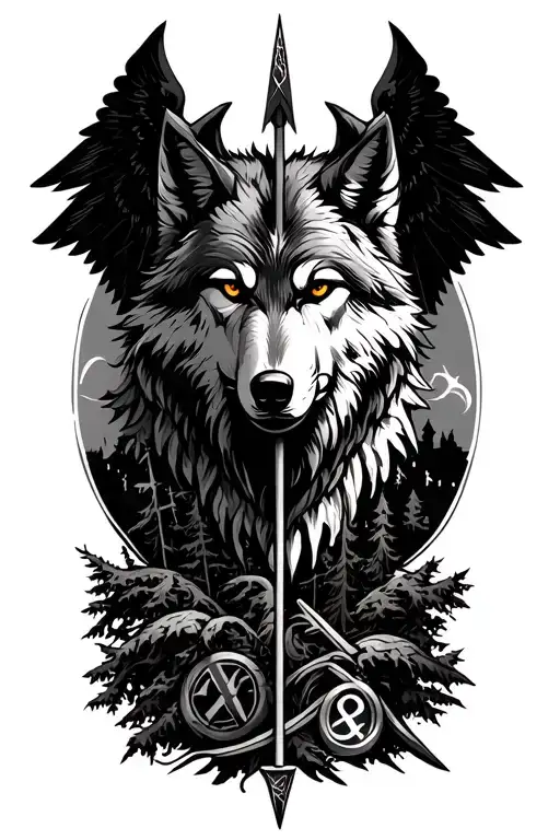 Norse mythology arrow. With wolf head as arrow tip, trees and  runes for arrow stem, and raven wings for arrow tail.   tattoo design idea
