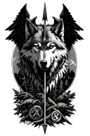 Norse mythology arrow. With wolf head as arrow tip, trees and  runes for arrow stem, and raven wings for arrow tail.   tattoo design idea
