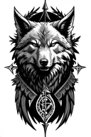 Norse mythology arrow. With wolf head as arrow tip, trees and  runes for arrow stem, and raven wings for arrow tail.   tattoo design idea