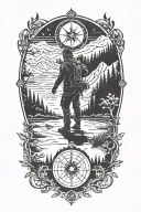 A father and son silhouette standing in a forest, with the mountains and lake. intertwine a compass, dove, dreamcatcher  tattoo design idea