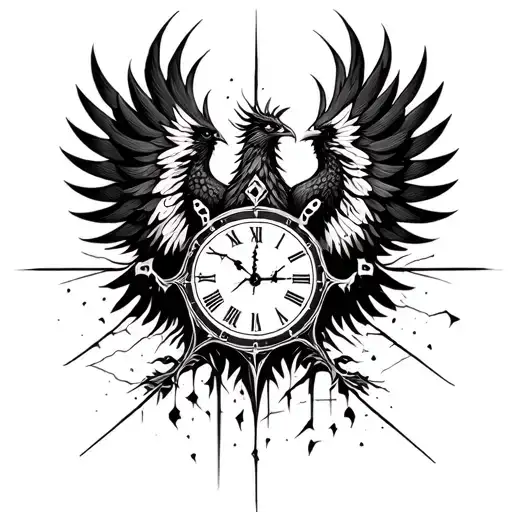 "Masculine blackwork phoenix clutching cracked clock, wings spread seeking direction, intense emotional eyes, dramatic tattoo design idea