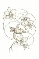 turtle coordinates ocean waves orchids intertwined tattoo design idea