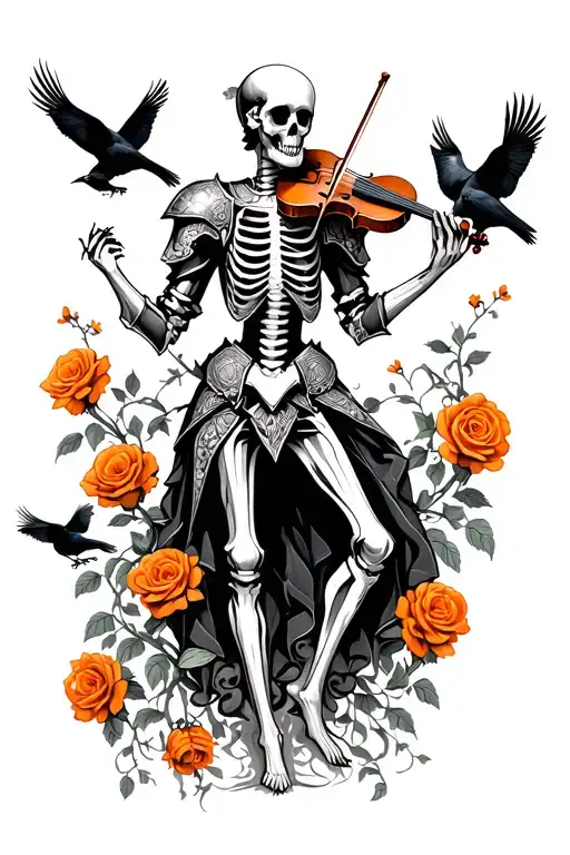 A skeletal figure clad in ornate armor and playing violin stands amidst orange roses and vines, surrounded by crows tattoo design idea