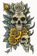 yellow roses with deer skull tattoo design idea