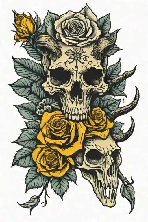yellow roses with deer skull tattoo design idea