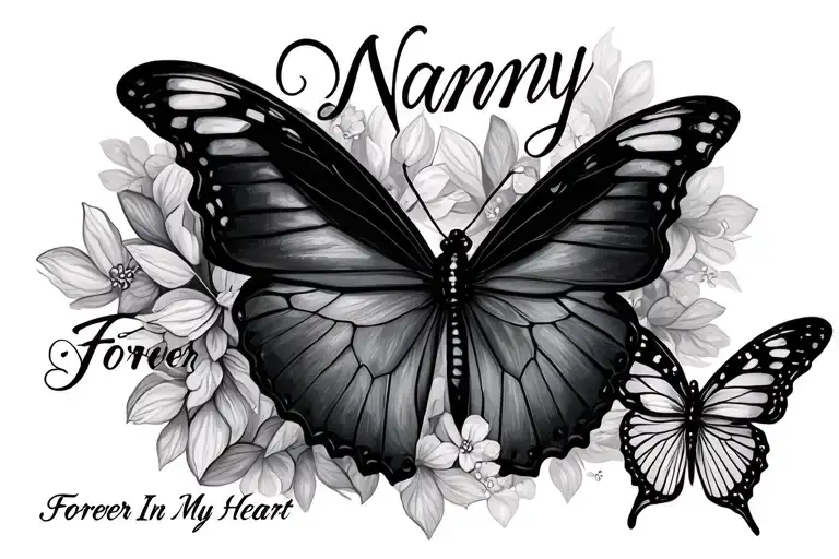 The Word "Nanny" In Cursive, And "Forever In My Heart" Beside A Butterfly  tattoo design idea