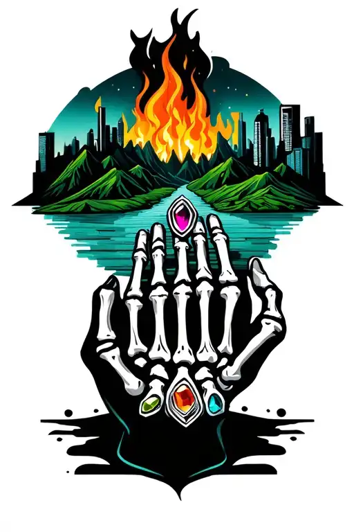 Listen a burning city in the background with a path to green mountains/ peace then a skeleton hand holding jewels  tattoo design idea