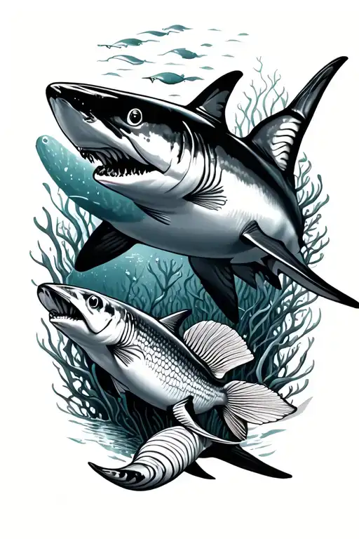 black tip reef shark and fish swimming tattoo design idea