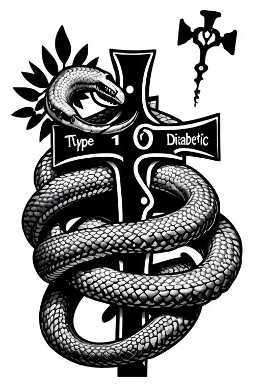 Medical cross with snakes wrapped with Type 1 Diabetic wrapped around and insulin dependent in the middle tattoo design idea