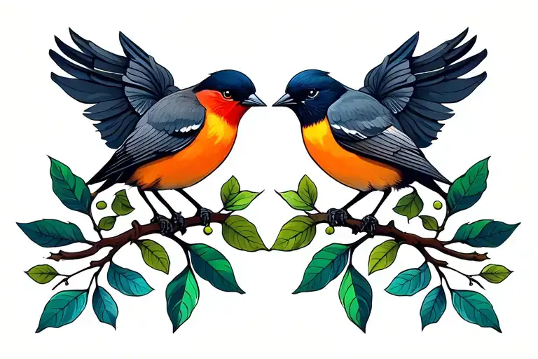 2 birds and branch with leaves tattoo design idea