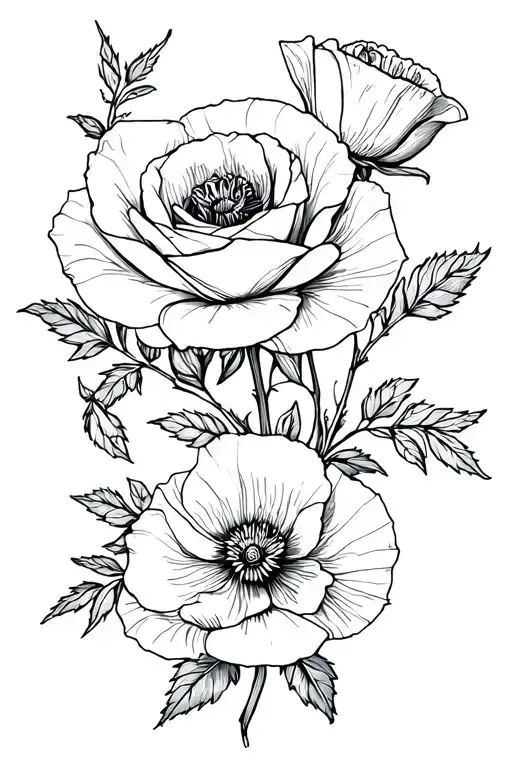 rose and poppy flowers tattoo design idea