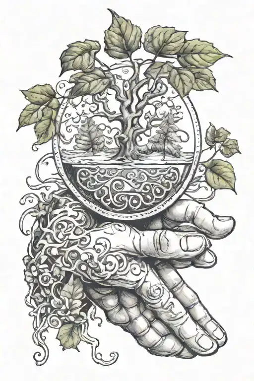 Hand giving a compas with ivy and roots growing tattoo design idea