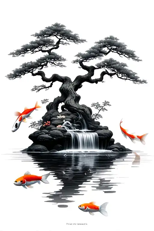 bonsai tree, koi fish swimming, waterfall,   tattoo design idea