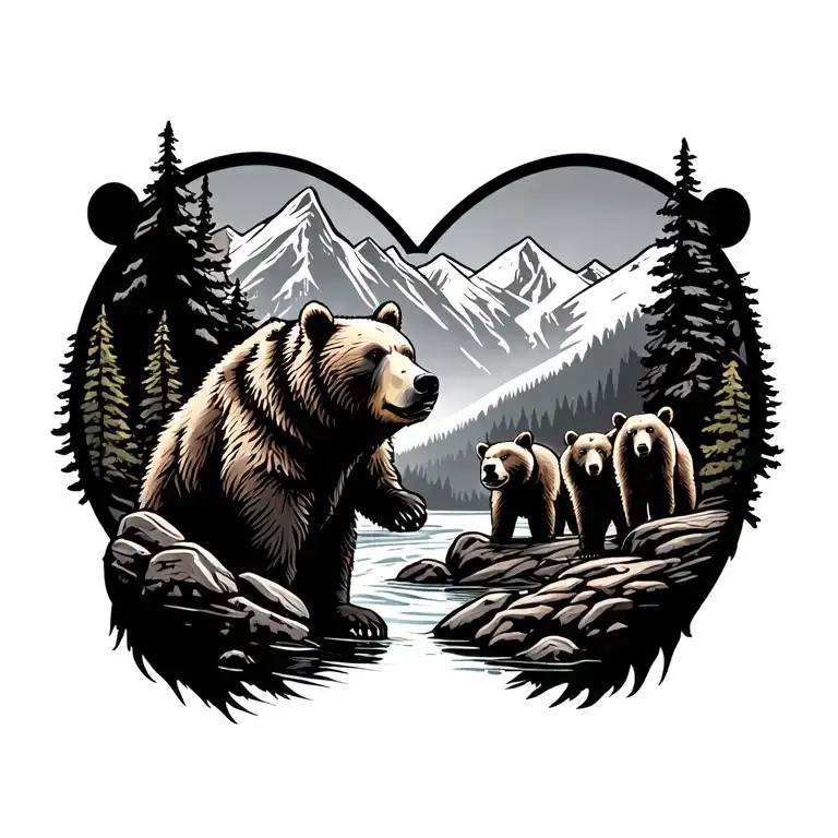 An adult bear with three different troop bear in a mountain decor with a river tattoo design idea