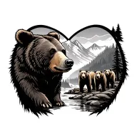 An adult bear with three different troop bear in a mountain decor with a river tattoo design idea