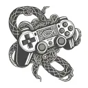 A hacker symbol intertwined with a gaming controller, surrounded by Kali Linux command lines tattoo design idea
