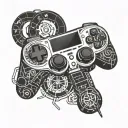 A hacker symbol intertwined with a gaming controller, surrounded by Kali Linux command lines tattoo design idea