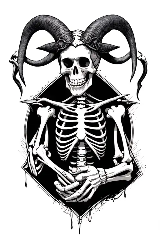 skeleton in baphomet position with right hand holding tattoo design idea