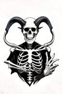 skeleton in baphomet position with right hand holding tattoo design idea