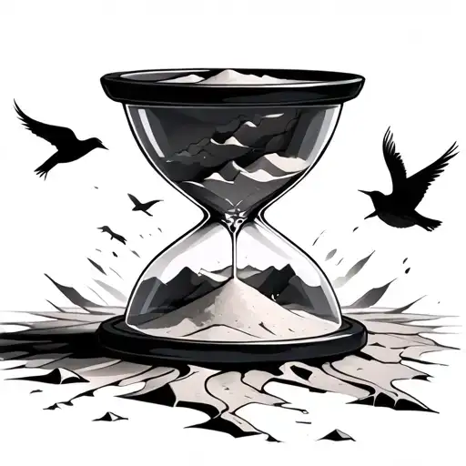A cracked hourglass with sand turning into birds flying tattoo design idea