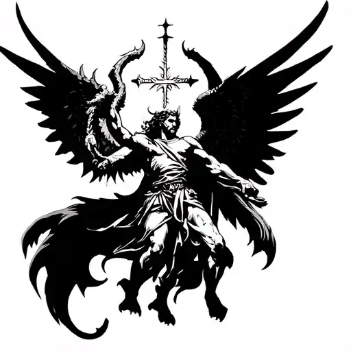 Create tattoo design where will be fight st. Michael with the devil. St. Michael will fight from the heaven and the Devi tattoo design idea