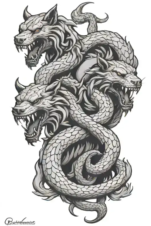 cerberus + snake tail tattoo design idea