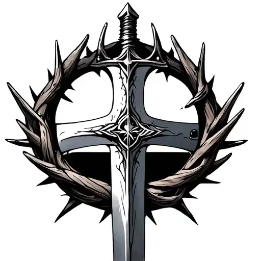 cross, crown of thornes, sword embedded tattoo design idea