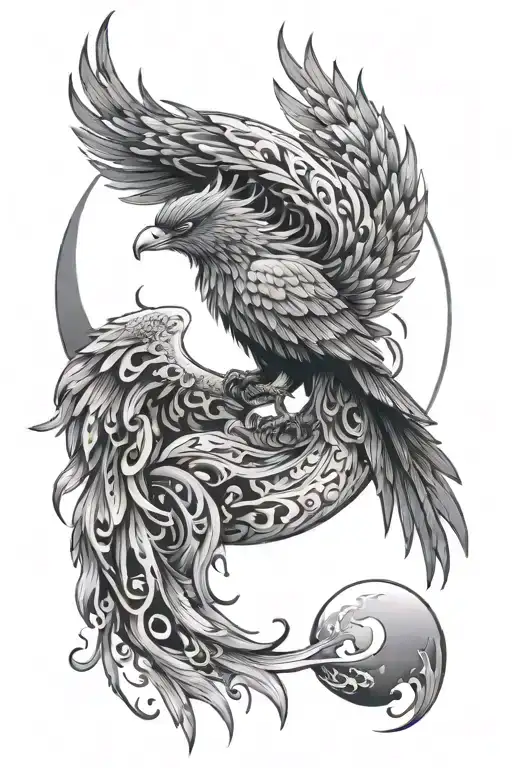 phoenix with fire flames on wings rising with moon  tattoo design idea