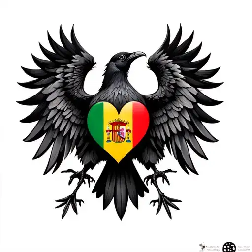black bird "garza" with its wings spread with a heart in the middle with the colours of the spanish flag tattoo design idea