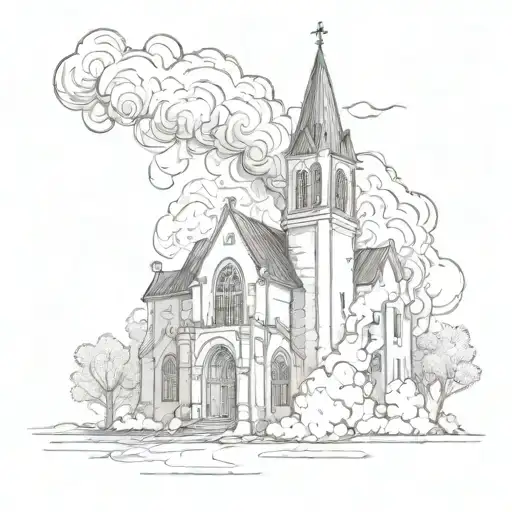 burning church with smoke rising up, fires nearby tattoo design idea