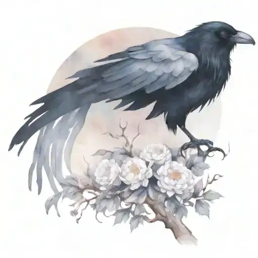 Black raven, white raven, branch, moon, chrysanthemum tattoo design idea