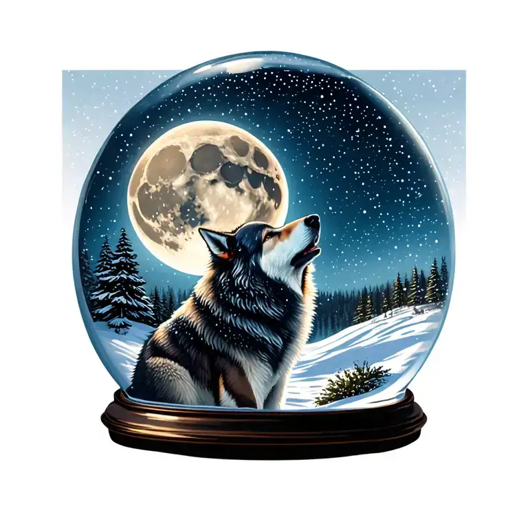 snow globe and wolf howling at the moon tattoo design idea