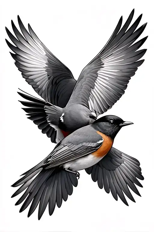 Two robins flying at eachother elegantly in black and white realism tattoo design idea
