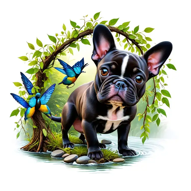 fairies, fairy garden, willow tree, blue bird, fairy door, footprints, pebbles, river, vines, French bulldog tattoo design idea