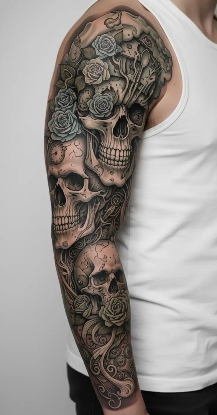full sleeve with skull, roses, chef tattoo design tattoo design idea