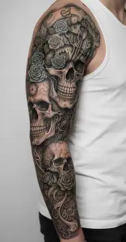 full sleeve with skull, roses, chef tattoo design tattoo design idea