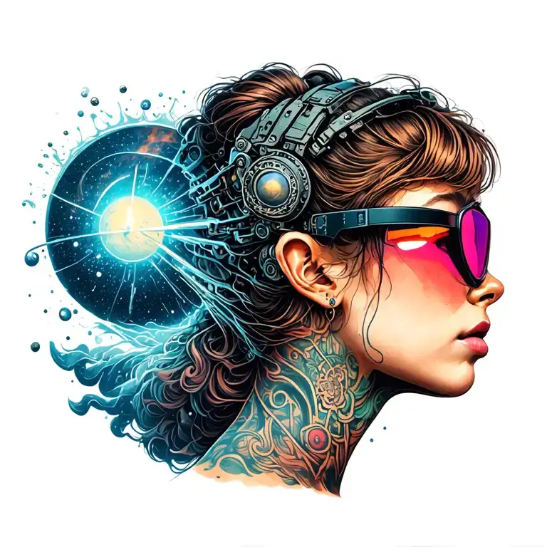 Girl in profile with rave glases looking up with a universe pouring out of the glases tattoo design idea