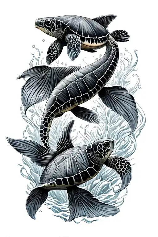 sea turtles swimming with koi fish and mermaid tattoo design idea