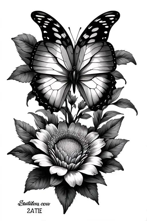 butterfly half flower death date tattoo design idea