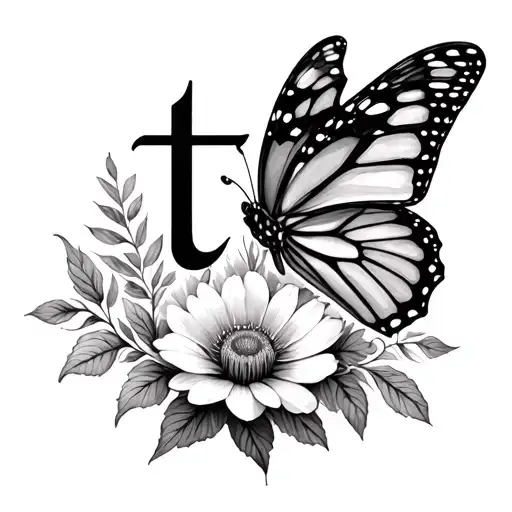 the letter 't' into the April birth flower with butterfly and 1:58 tattoo design idea