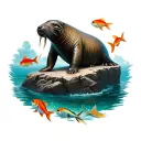 walrus spirit animal surounded by sea food colorful fish from the ocean and on a large rock with murmaids in the water,  tattoo design idea