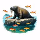 walrus spirit animal surounded by sea food colorful fish from the ocean and on a large rock with murmaids in the water,  tattoo design idea
