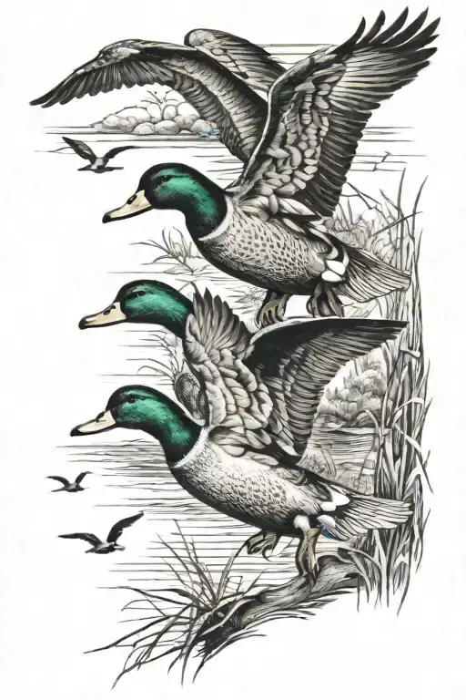 ducks flying hunting scene tattoo design idea