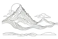 Ocean wave merging into a mountain range, merging into a flame trail, merging into a bunch of clouds as a single line tattoo design idea