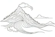 Ocean wave merging into a mountain range, merging into a flame trail, merging into a bunch of clouds as a single line tattoo design idea