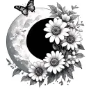 Half moon with margueritte and work flowers with a butterfly tattoo design idea