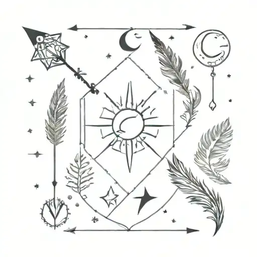 arrow with sun, moon, feather, earth with lightning tattoo design idea