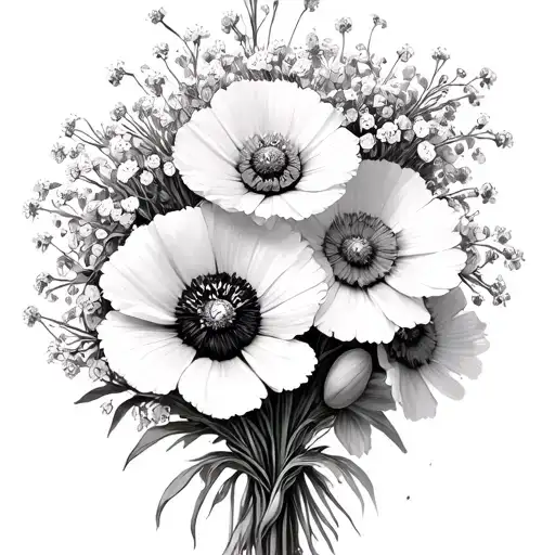 poppy flower, daisy, daffodil, and babies breath bouquet tattoo design idea