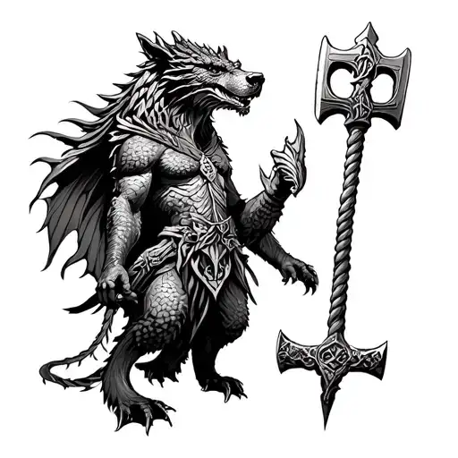 Yggdrasil bear with mjölnir goddess freya dragon slayer georg victorious champ connected with rope tattoo design idea