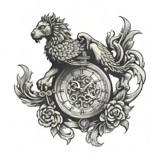 old watch with ornaments and held by a griffin with lion hind legs tattoo design idea